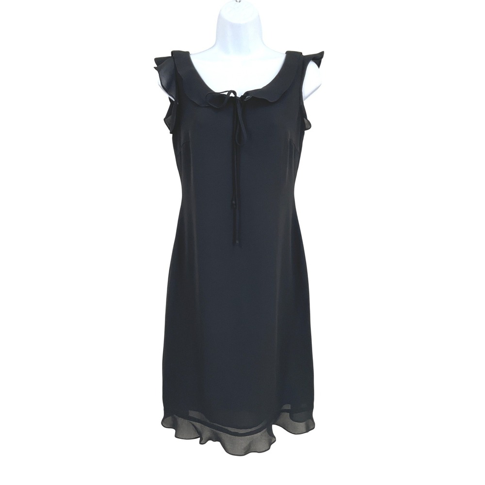 Vtg Dani Max Dress Womens 4P‎ Black Ruffle Tie Neck Sleeveless Classic LBD